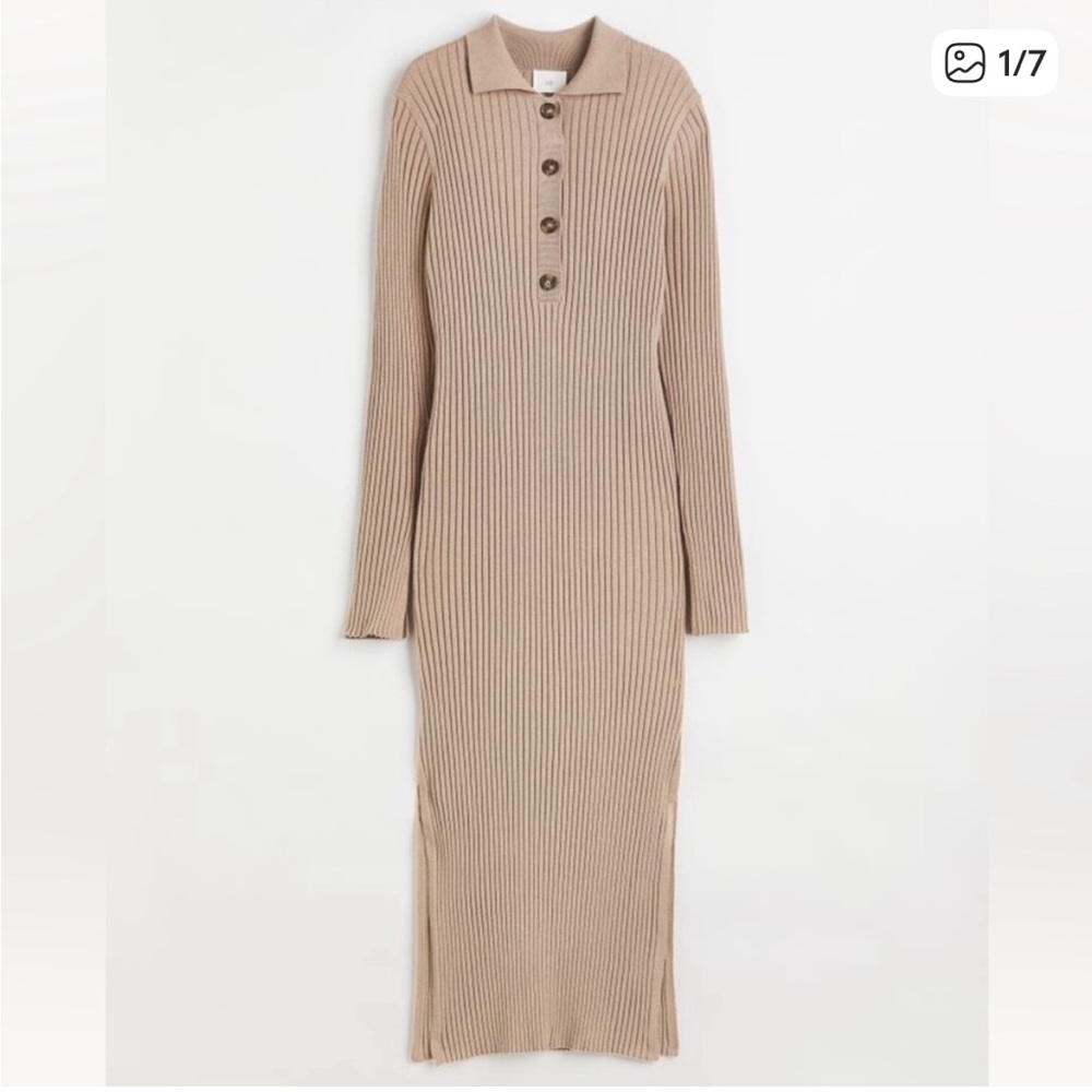 H&M Beige Ribbed Long Sleeve Midi Dress